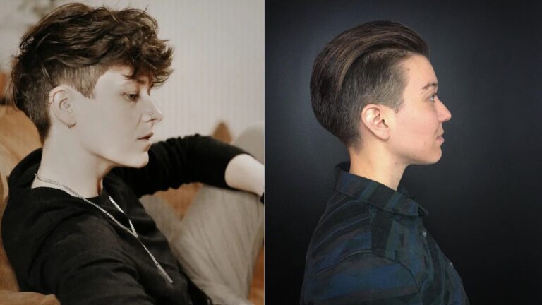 Two tomboy hairstyles featuring short cuts with shaved sides and longer textured tops styled in a tousled and sleek finish.