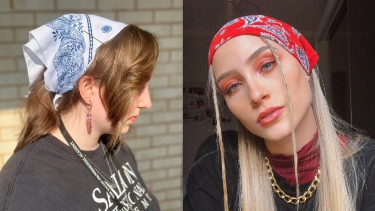 A side-by-side photo showing two bandana hairstyle looks: one with medium brown hair worn loose under a white and blue paisley bandana tied at the back, and another with straight platinum blonde hair falling freely beneath a red paisley bandana worn as a headband across the forehead.