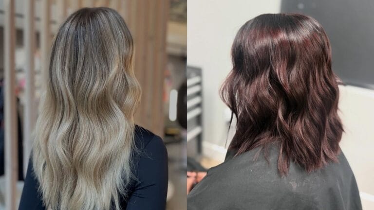 20 Trendy Medium Hairstyles Two women demonstrate trendy medium hairstyles, featuring a high brunette ponytail with loose face-framing curls on the left and a half-up knot on a blonde base with soft, wavy layers on the right.