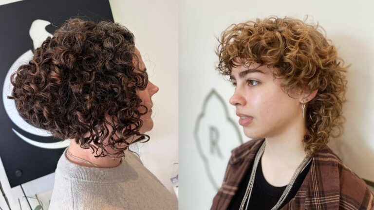 A side-by-side comparison displays two trendy short curly haircuts, featuring a voluminous dark brunette stacked bob on the left and a honey-blonde curly shag with a textured fringe on the right.