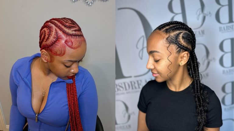Two women with intricate side patterned cornrows, one styled in bold red with sleek sculpted edges and the other in black braids with a soft curled strand framing the face.