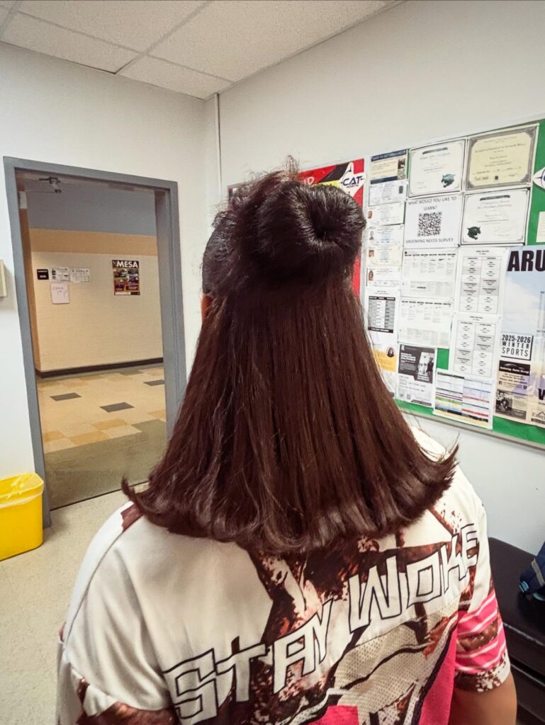 A woman from behind with straight reddish-brown hair styled in a half-up doughnut bun with flipped-out ends.