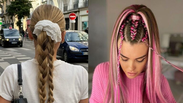 Two summer braided hairstyles side by side: a casual low braid secured with a white eyelet scrunchie on blonde hair, and a bold style featuring cornrow-style braids at the crown blending into long straight hair with pink highlights and thin braided extensions.