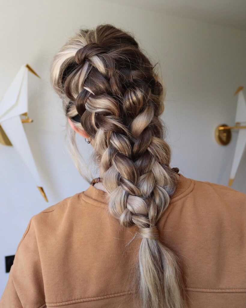 A woman viewed from the back wearing a rust-colored top, showcasing a voluminous Dutch braid transitioning into a high ponytail with a mix of blonde and brunette hair.