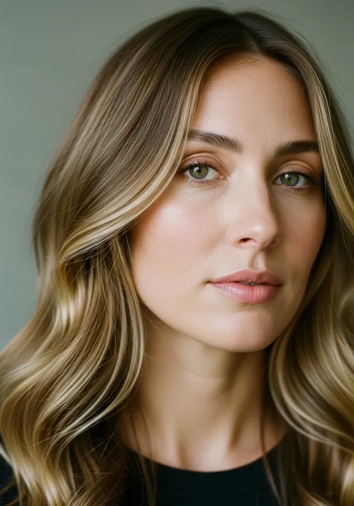 Medium length blonde hair with soft waves and face framing layers.