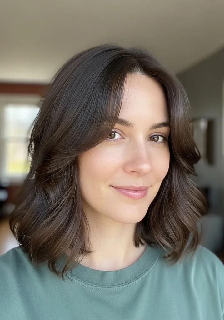 Shoulder length brunette hair with soft waves and light layering.
