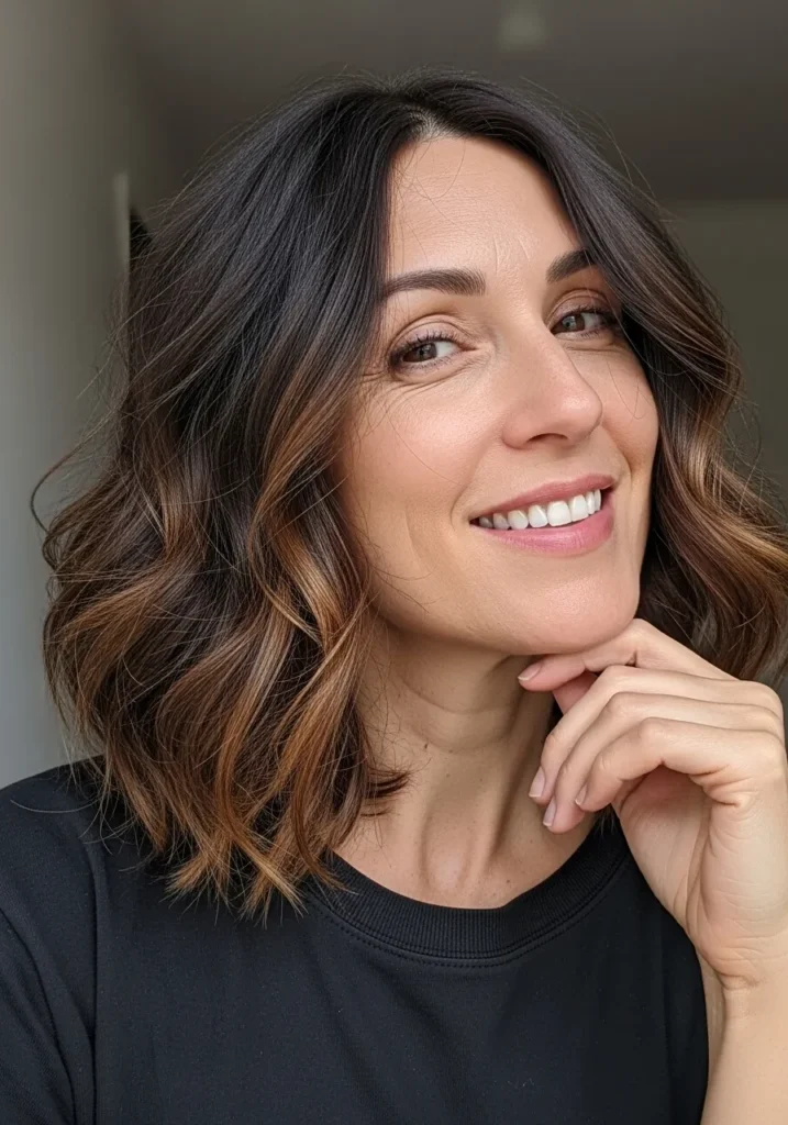 Shoulder length brunette lob with soft waves and subtle highlights.