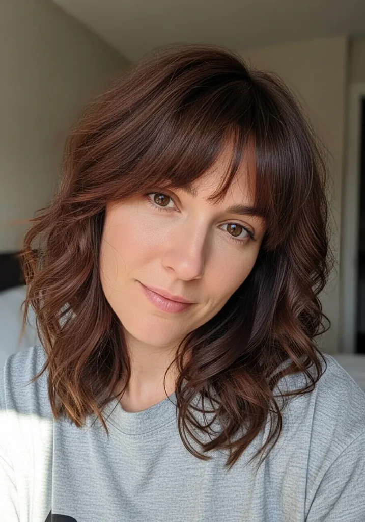 Medium length auburn hair with waves, layers, and a soft fringe.