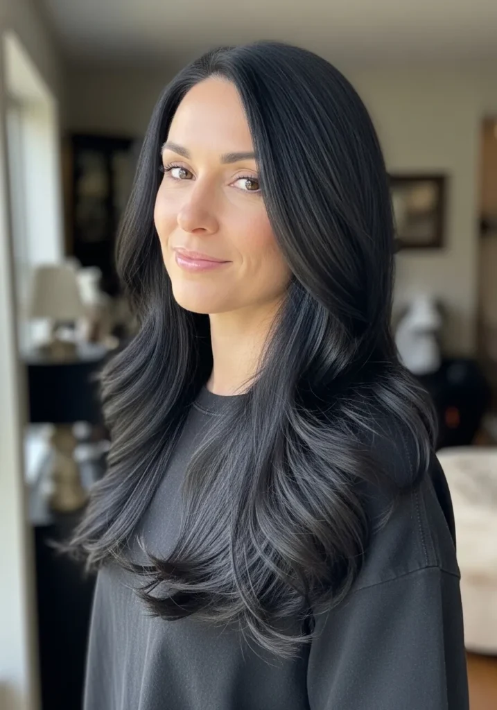 Long dark hair with soft waves and a sleek, layered finish.