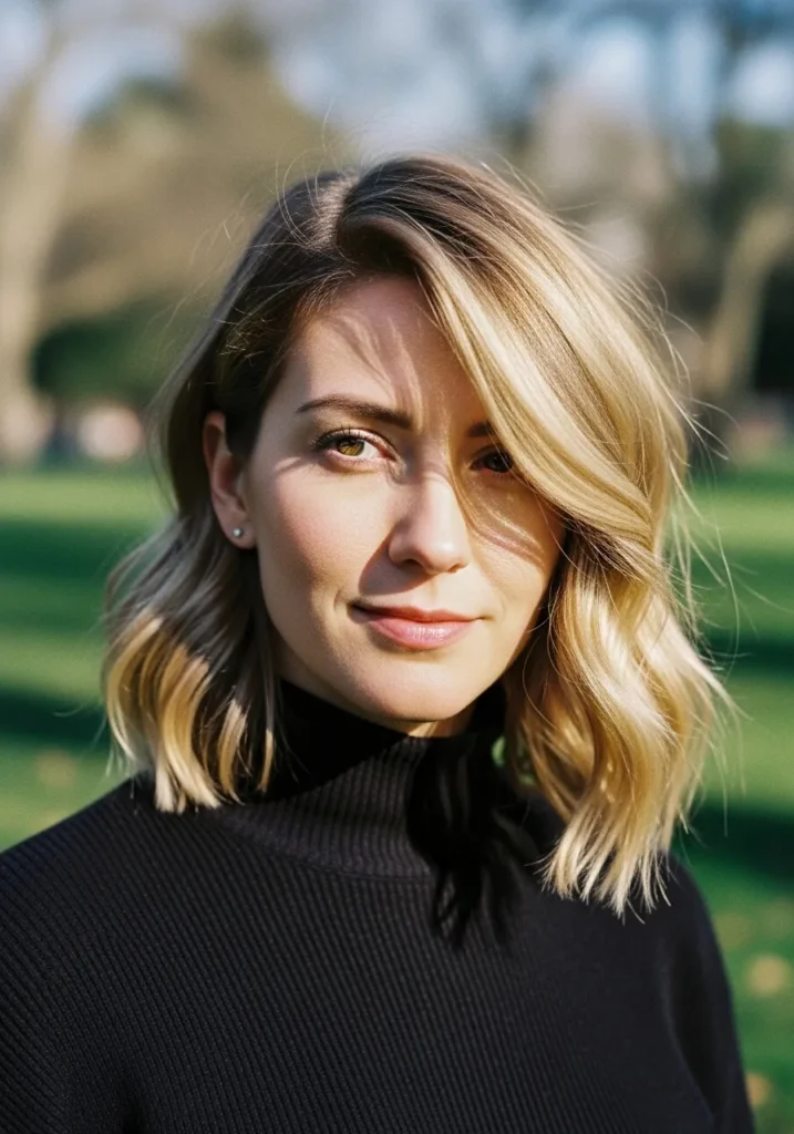 Shoulder length blonde hair with soft waves and a side part.