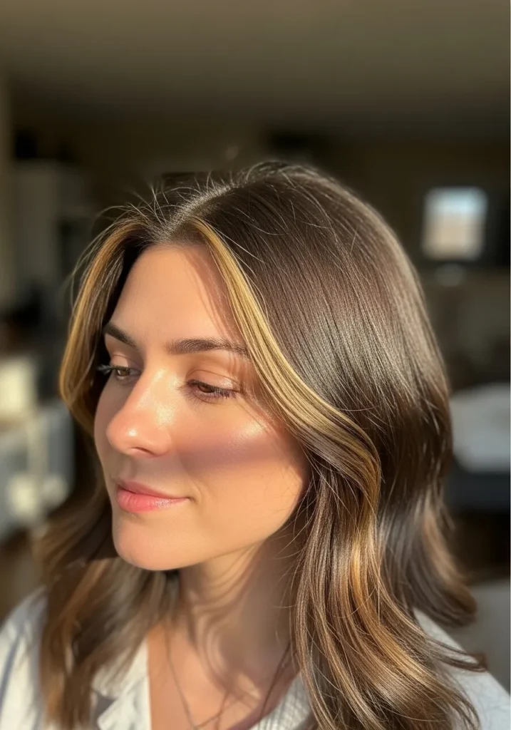 Medium length brunette hair with soft waves and a smooth, shiny finish.