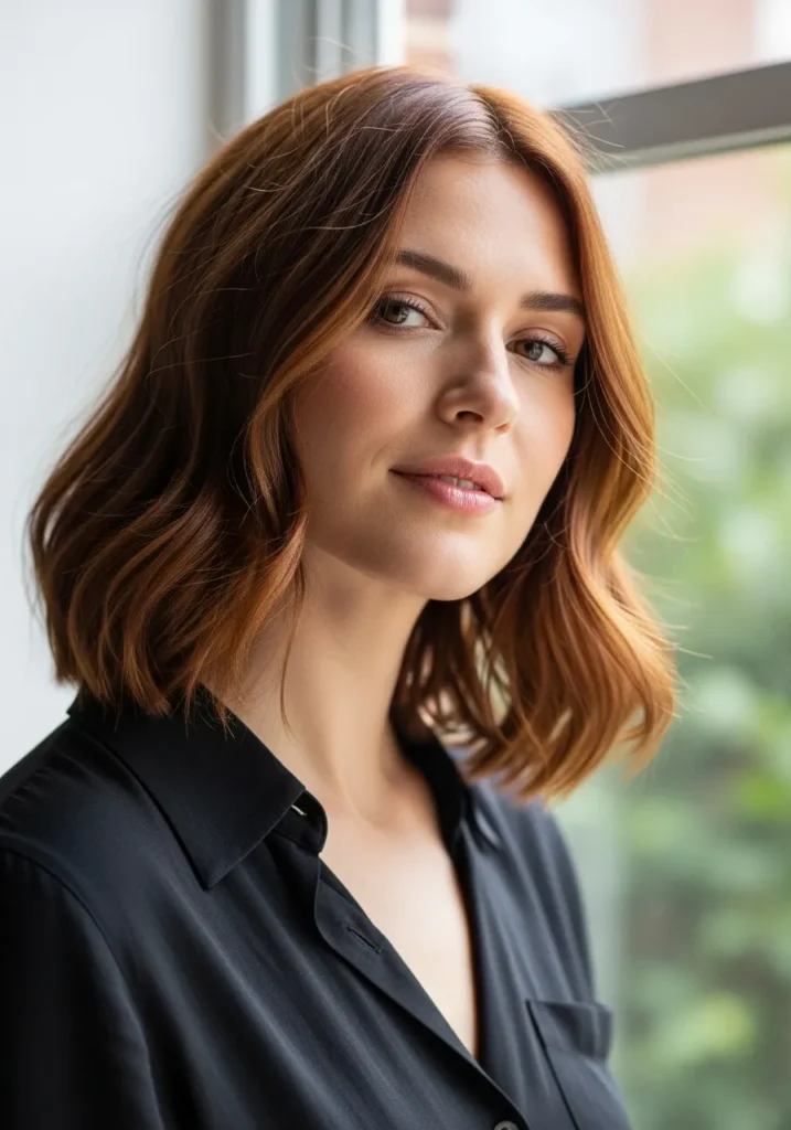 Short copper bob with soft, natural waves and a smooth finish.