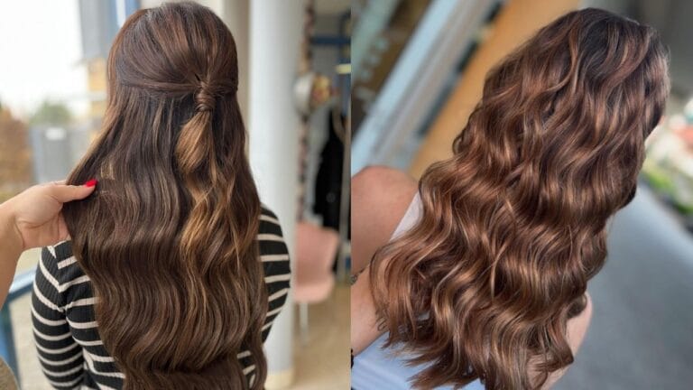 21 Beautiful Wavy Hair Ideas to Refresh Your Everyday Look Long brunette hair styled in soft waves, shown in a half up twist and in loose, glossy flowing waves.