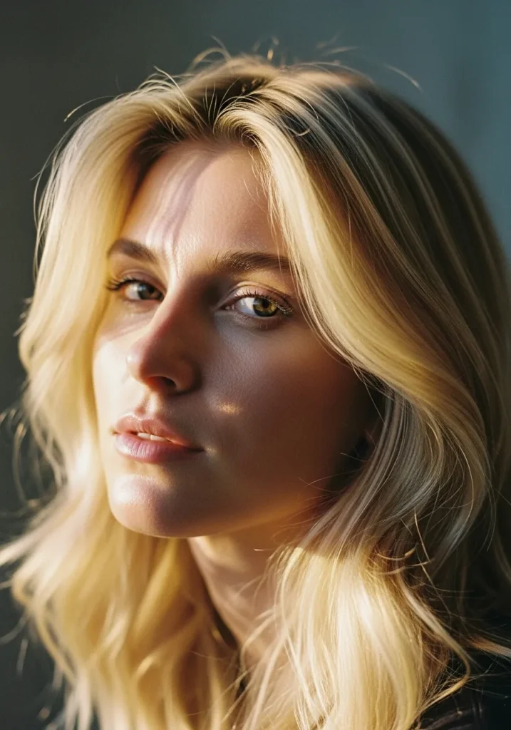Long golden blonde hair with soft, voluminous waves and a light finish.