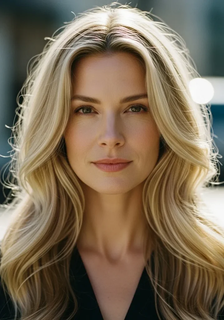 Long layered blonde hair with soft waves and natural dimension.