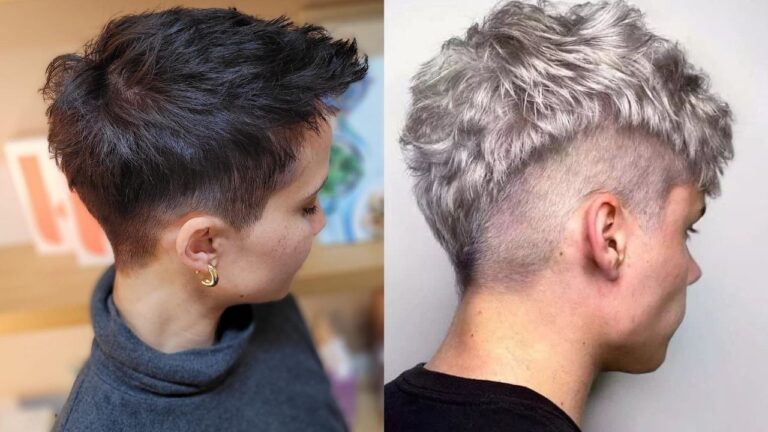 Side by side view of two tomboy undercut hairstyles with short faded sides and textured tops in dark brown and silver tones.