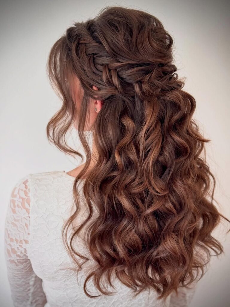 Long auburn wavy hair with a loose side braid adding soft detail and texture.