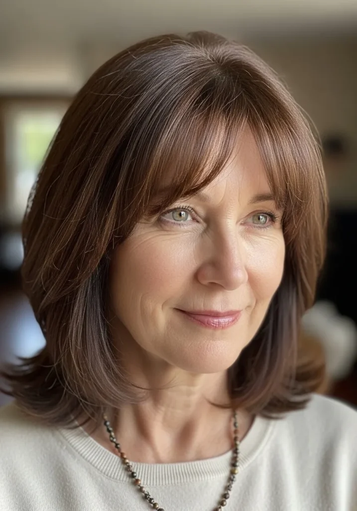 Shoulder-length brunette layered haircut with soft side swept bangs.