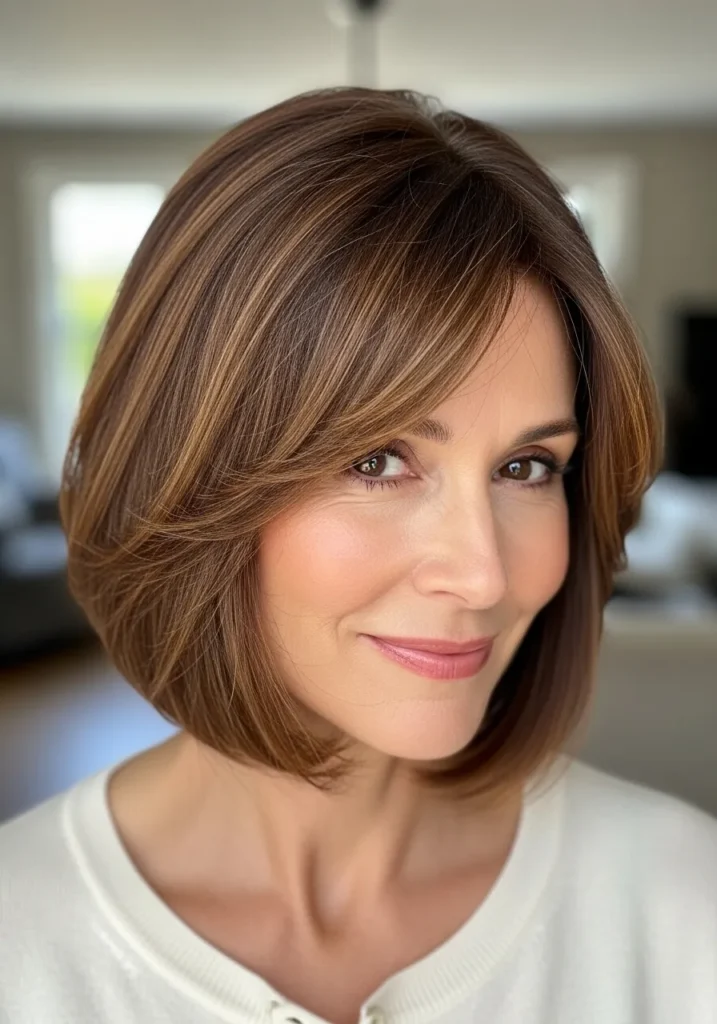 Chin-length brown rounded bob with soft side swept bangs.