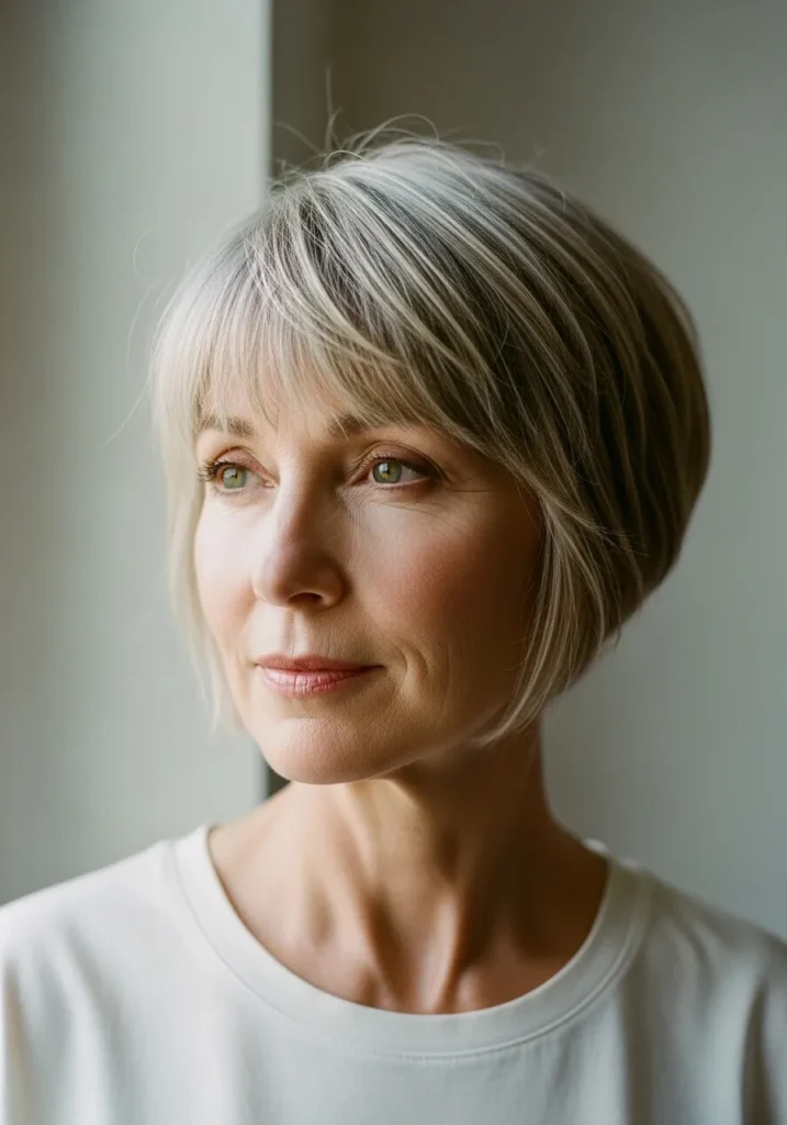 Short silver bob with a smooth finish and a fine side fringe.