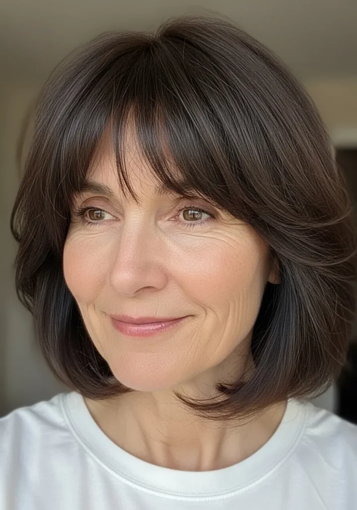 Mid-length brown layered hair with curtain bangs and soft natural movement.