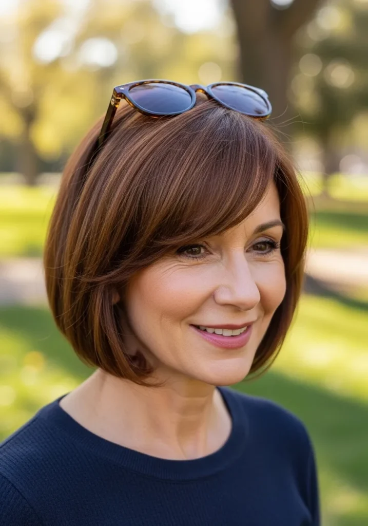 Chin-length brown rounded bob with smooth full bangs.