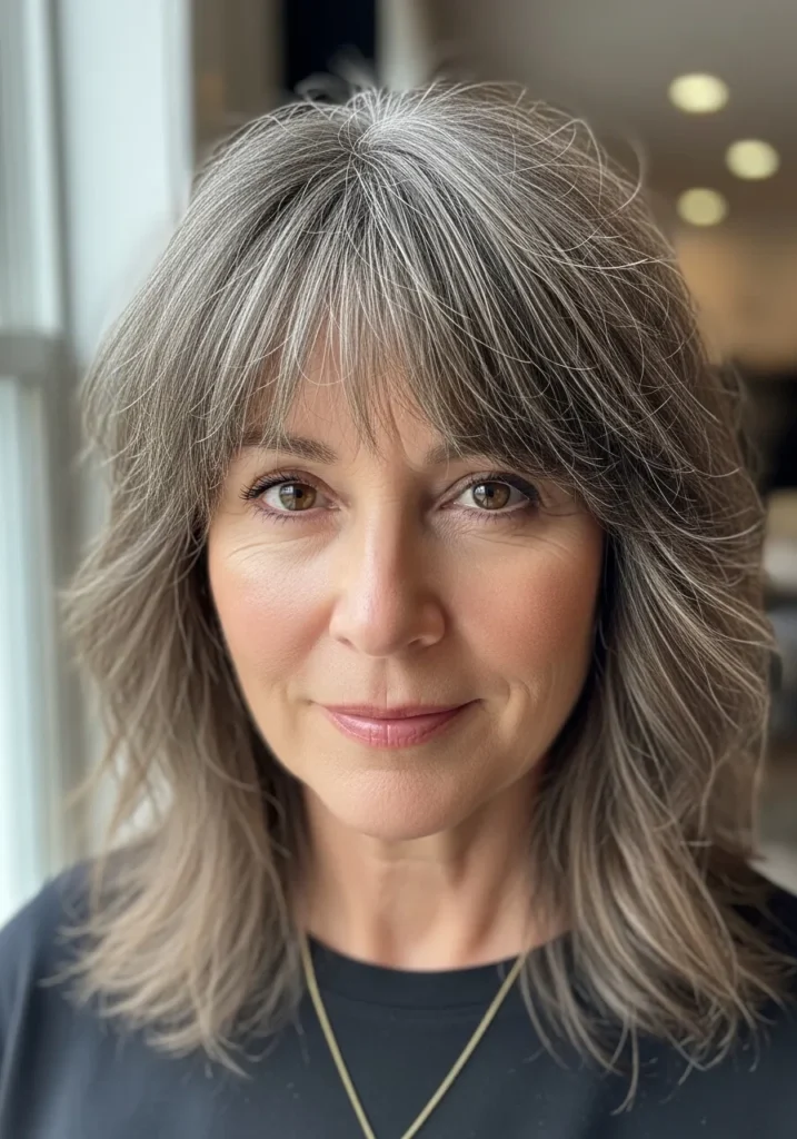Medium-length gray shag haircut with textured layers and wispy bangs.
