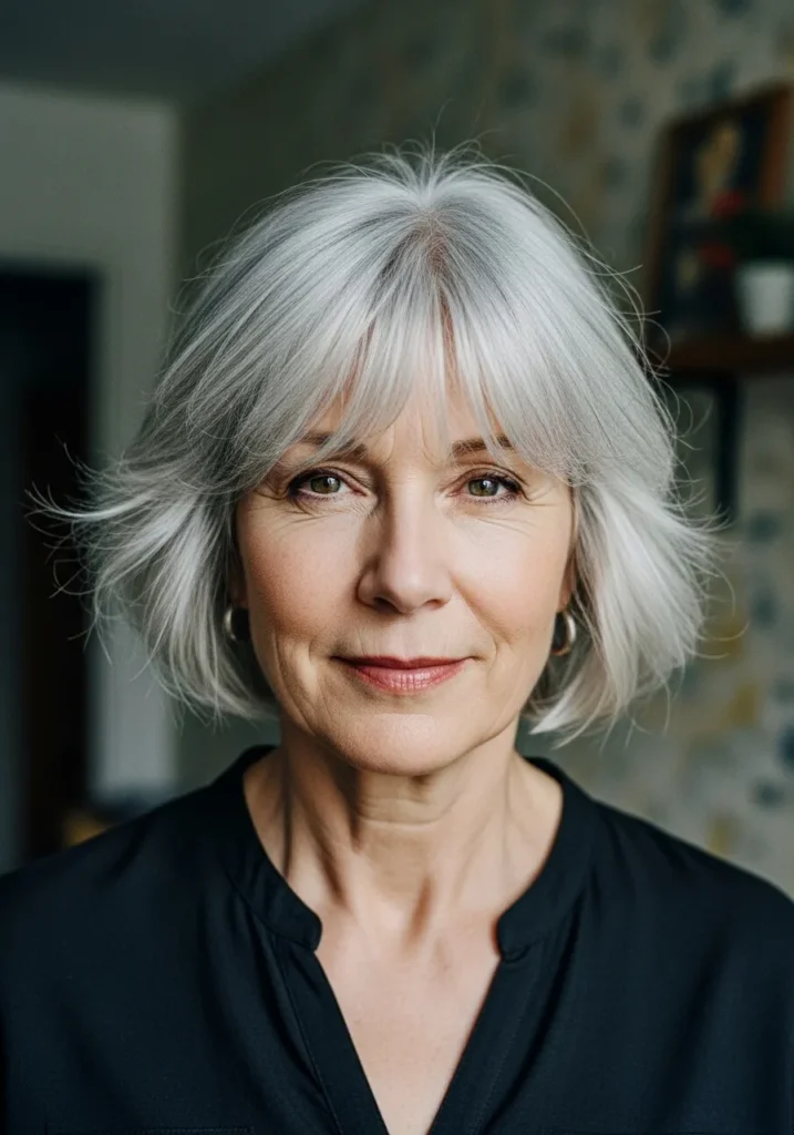 Short silver feathered haircut with soft layers and a light fringe.