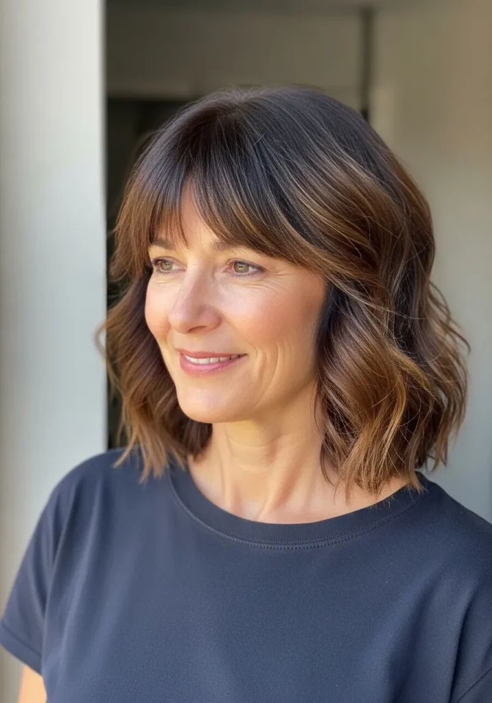 Shoulder-length wavy brunette lob with soft curtain bangs.