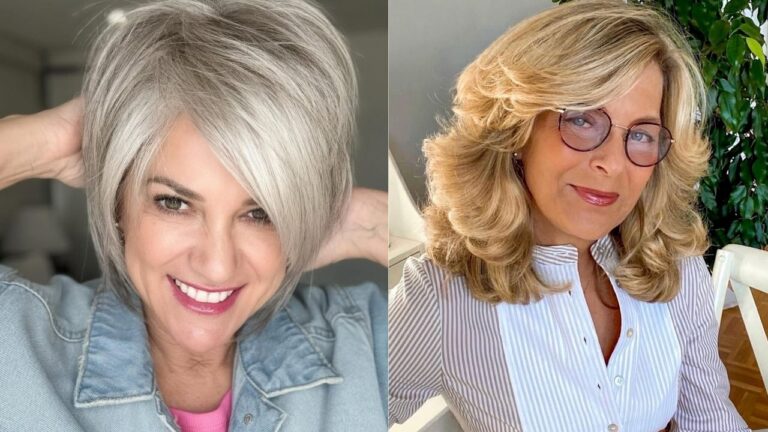 21 Chic Bangs For Women Over 50 That Feel Fresh And Modern Two women over 50 with layered hairstyles featuring soft side swept and feathered bangs that blend into voluminous, modern cuts.