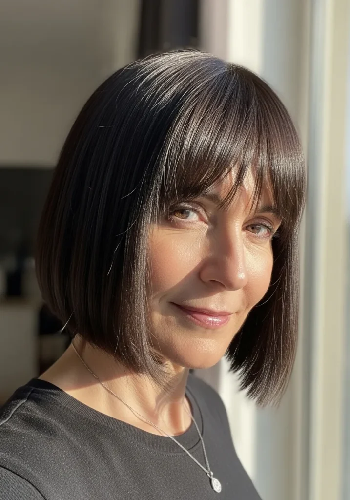 Chin-length sleek dark bob with full straight bangs.