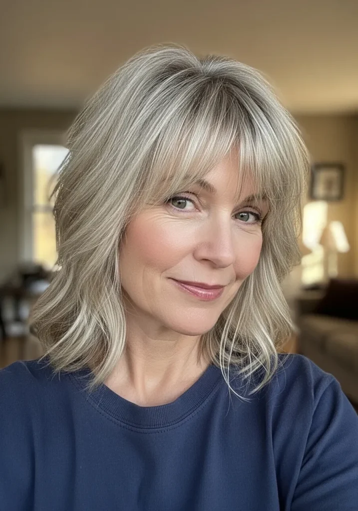Medium-length blonde layered hair with feathered ends and wispy bangs.