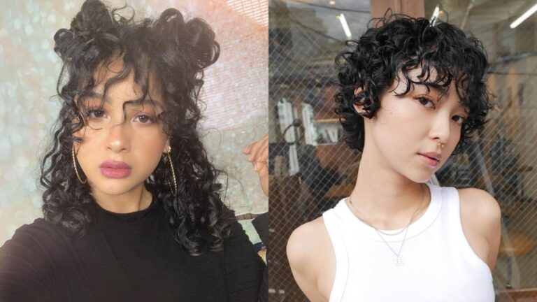 A side-by-side comparison displays two short curly hairstyles, featuring a half-up look with voluminous dark curls and space buns on the left and a short textured black pixie cut with defined wet-look ringlets on the right.