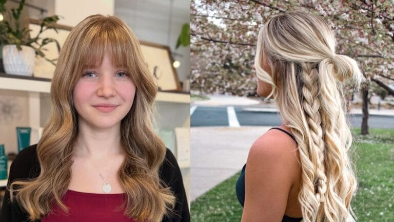 21 Cute Summer Hairstyles for Everyday That Feel Effortless and Fresh A young woman with long, warm golden-brown wavy hair and wispy curtain bangs styled in a soft, layered cut, shown alongside a back view of long blonde hair featuring two chunky Dutch braids leading into loose, flowing curls.