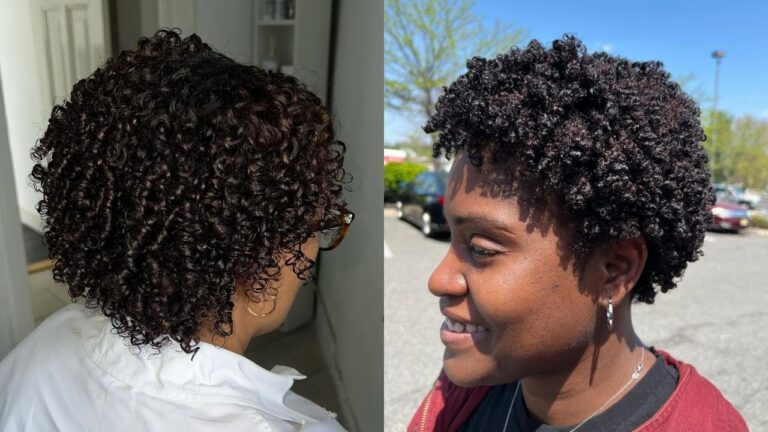 A side-by-side comparison displays two defined short curly hairstyles, featuring a dark brunette pixie cut with tight, glossy ringlets and a side part on the left and a voluminous chestnut curly bob with structured coils and a soft fringe on the right.