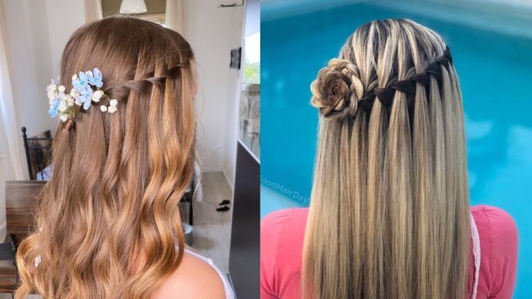 21 Dreamy Waterfall Braid Hairstyles That Turn Heads Two women demonstrate romantic waterfall braids, featuring a delicate braided crown on long, highlighted blonde waves on the left and a double-strand waterfall design on sleek, straight brunette hair on the right.