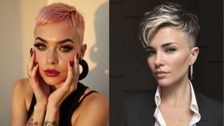 Two women with short pixie hairstyles, one with a soft pink buzz cut and the other with a textured blonde undercut with a side-swept top.