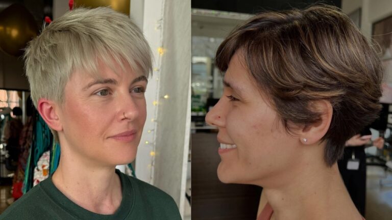A side-by-side comparison of two edgy pixie cuts — one platinum blonde with a wispy fringe swept to the side, and one dark brown with caramel highlights featuring layered, feathered texture and a tapered neckline.