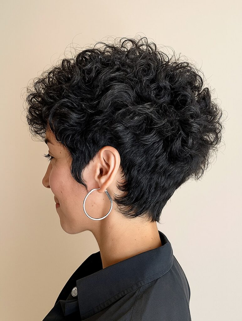 A profile view of a woman with voluminous dark curly hair styled into a layered pixie cut with a tapered neckline.