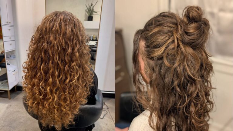 Long curly hair with defined layers shown both worn down and styled in a half up messy bun with loose textured waves.