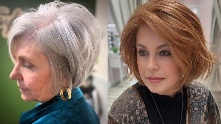 Elegant Bob Hairstyles for Older Women That Work for Any Occasion A side-by-side comparison displays two elegant bob hairstyles, featuring a sleek silver-grey stacked bob with voluminous layers on the left and a warm copper-toned textured bob with soft waves on the right.