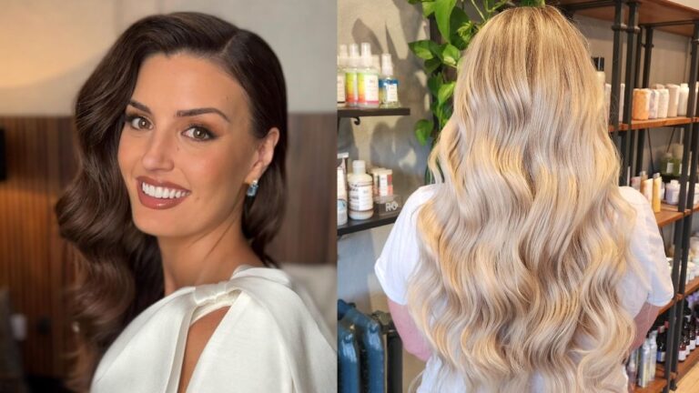 Polished Hairstyles for Women Who Love an Elegant Look Two elegant hairstyles are shown side by side: a brunette woman with a classic side-swept wave and a person with long, flowing platinum blonde beach waves photographed from behind in a salon setting.