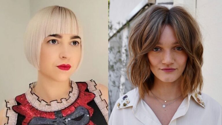 A side-by-side comparison displays two modern bob hairstyles, featuring a sleek ash-blonde chin-length cut with rounded ends on the left and a textured brunette bob with soft, tousled waves on the right.