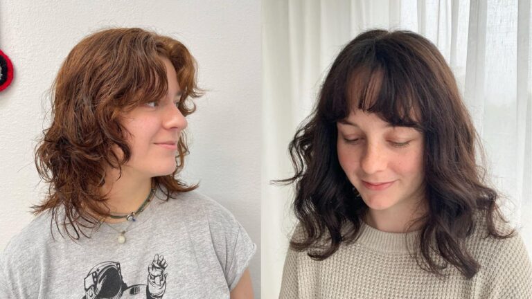Two women showing a shoulder length curly lob with soft layers and light bangs, styled with natural waves and a slightly tousled finish.