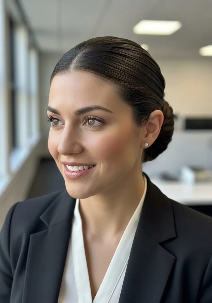 A woman with a sleek center part styled into a low bun.