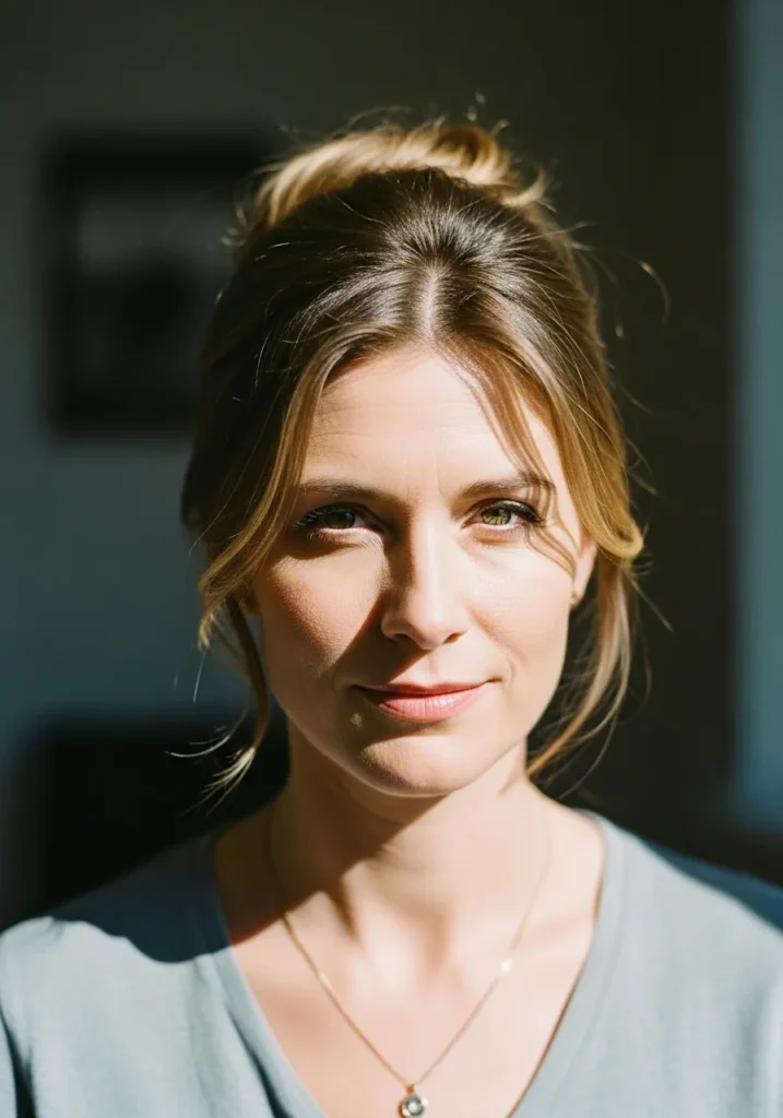 A woman with a soft messy bun and loose face framing strands.