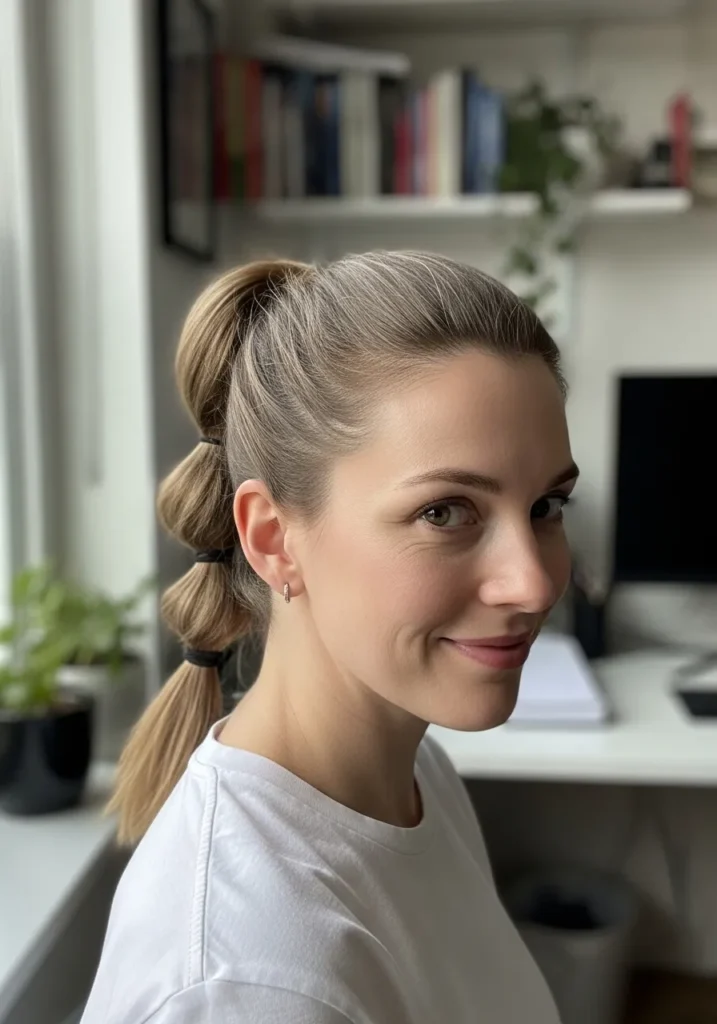 A woman with a bubble ponytail styled neatly with a sleek crown.