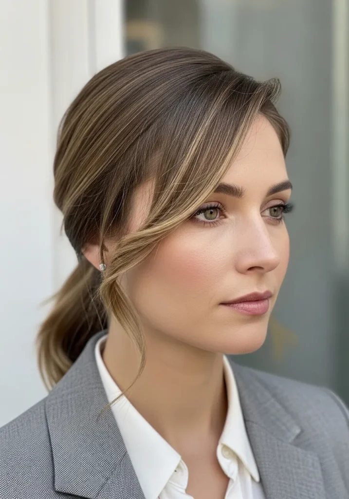 A woman with a low ponytail and side part with soft face framing strands.