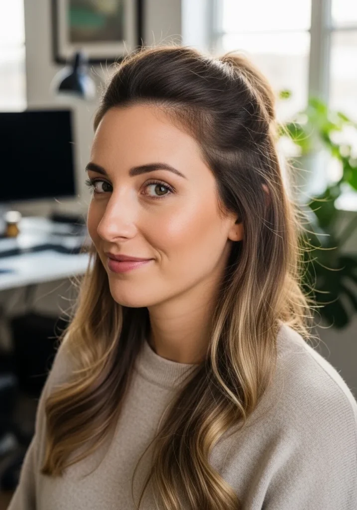 A woman with long wavy hair styled in a half up hairstyle with volume at the crown.