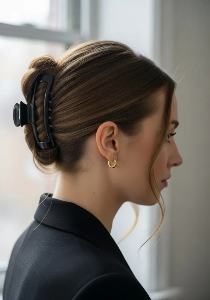 A woman with a sleek low twist secured with a claw clip and smooth finish.